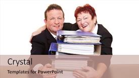 Presentation with files - Colorful PPT theme enhanced with two happy senior business people with a stack of files backdrop and a coral colored foreground