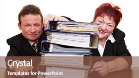  Presentation with files - Presentation theme featuring two happy senior business people with a stack of files background and a tawny brown colored foreground