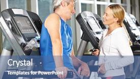  Presentation with two people talking - PPT layouts consisting of two happy senior people in fitness center talking at a treadmill background and a ocean colored foreground