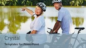  Presentation with cycling - Colorful slide set enhanced with two-happy-seniors-go-cycling backdrop and a light blue colored foreground