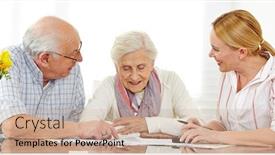  Presentation with contract - Colorful slide set enhanced with two-happy-seniors backdrop and a coral colored foreground