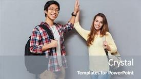  Presentation with students - Theme with backpacks and giving high five background and a gray colored foreground