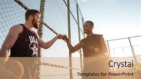  Presentation with happy kids at indoor playground - Cool new slide set with two happy sportsmen fist bumping backdrop and a coral colored foreground