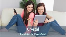  Presentation with sports table tennis two ping - Cool new slide set with two happy teenage girls sitting back to back on a sofa using a tablet pc and a mobile phone backdrop and a ocean colored foreground