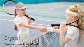  Presentation with shaking hands - Amazing slide set having two-happy-teenage-girls backdrop and a light blue colored foreground