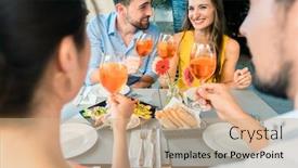  Presentation with restaurant toasting - Cool new slide deck with two happy young couples with a trendy lifestyle toasting while sitting together at restaurant for a delicious lunch outdoors in summer backdrop and a coral colored foreground