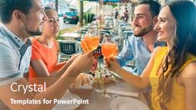  Presentation with restaurant toasting - PPT layouts with two happy young couples with a trendy lifestyle toasting while sitting together at restaurant for a delicious lunch outdoors in summer background and a coral colored foreground