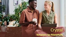  Presentation with green office - Presentation design with two-happy-young-intercultural-managers background and a tawny brown colored foreground