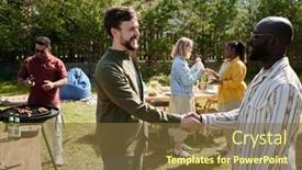  Presentation with intercultural - Presentation design consisting of two-happy-young-intercultural-men background and a tawny brown colored foreground