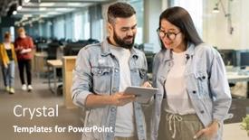  Presentation with new ideas - Colorful theme enhanced with two-happy-young-intercultural-office backdrop and a coral colored foreground