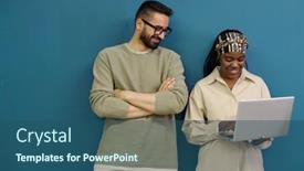  Presentation with black business - Slide deck with two-happy-young-interracial-colleagues background and a  colored foreground