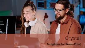  Presentation with managers - Presentation design consisting of two-happy-young-it-managers background and a red colored foreground