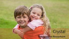  Presentation with happy kids - Cool new slide set with portrait of two happy young kids playing at the park backdrop and a red colored foreground