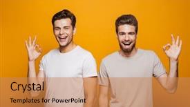  Presentation with full length portrait two men women brown sweater - Amazing PPT theme having two happy young men best backdrop and a coral colored foreground