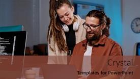  Presentation with two ways - Theme with two-happy-young-programmers-looking background and a tawny brown colored foreground