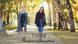  Presentation with walking - Slides having two happy young women walking background and a coral colored foreground