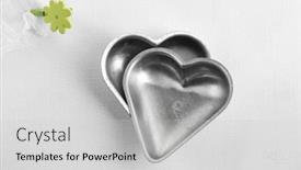  Presentation with romance - Theme with two heart cake tins romance kitchen utensil with peg flower on white linen background and a light gray colored foreground