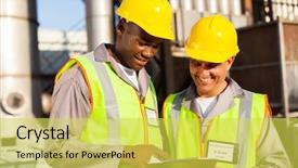  Presentation with petroleum engineering - Audience pleasing slides consisting of engineering petroleum - two heavy industry workers working backdrop and a yellow colored foreground