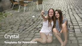  Presentation with pavement - Cool new slide deck with two hilarious teenage girls are doing selfie on the phone sitting on the pavement backdrop and a gray colored foreground