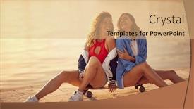  Presentation with female - PPT layouts having two-hipster-female-firends-hanging background and a coral colored foreground