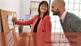  Presentation with office workers - PPT layouts having two-hispanic-business-workers-smiling background and a red colored foreground