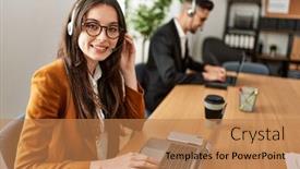  Presentation with call center - Presentation theme with two-hispanic-call-center-agents background and a coral colored foreground