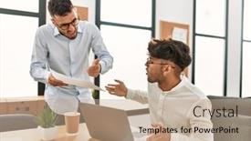  Presentation with office workers - Slides with two-hispanic-men-business-workers background and a coral colored foreground