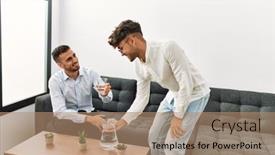  Presentation with office workers - Presentation theme featuring two-hispanic-men-business-workers background and a coral colored foreground