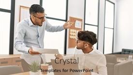  Presentation with office workers - Slide deck consisting of two-hispanic-men-business-workers background and a coral colored foreground