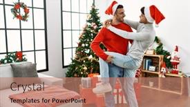  Presentation with christmas tree - Slide deck featuring two-hispanic-men-couple-dancing background and a coral colored foreground