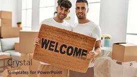  Presentation with new home - Slide set enhanced with two-hispanic-men-couple-hugging background and a coral colored foreground