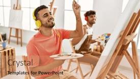  Presentation with music studio - Presentation theme featuring two-hispanic-men-couple-listening background and a coral colored foreground