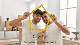  Presentation with new home - PPT theme consisting of two-hispanic-men-couple-smiling background and a coral colored foreground