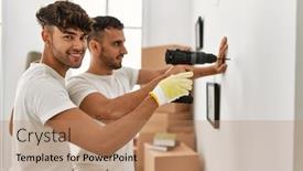  Presentation with new home - PPT theme consisting of two-hispanic-men-couple-smiling background and a coral colored foreground