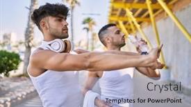  Presentation with drinking water - Presentation theme consisting of two-hispanic-men-couple-smiling background and a light blue colored foreground