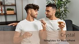  Presentation with toasting - Slide set having two-hispanic-men-couple-toasting background and a coral colored foreground