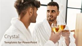  Presentation with toasting - PPT theme with two-hispanic-men-couple-toasting background and a lemonade colored foreground