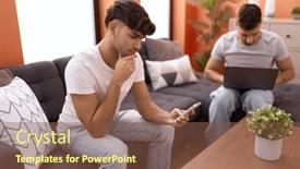  Presentation with smartphone - PPT layouts consisting of two-hispanic-men-couple-using and a tawny brown colored foreground