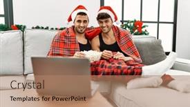  Presentation with decor - Presentation design with two-hispanic-men-couple-watching background and a coral colored foreground