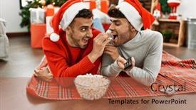  Presentation with movie - Slide set featuring two-hispanic-men-couple-watching background and a red colored foreground