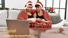  Presentation with decor - PPT theme having two-hispanic-men-couple-watching background and a coral colored foreground