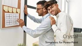 Presentation with writing - Theme featuring two-hispanic-men-couple-writing background and a soft green colored foreground