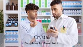  Presentation with medication - Slide deck consisting of two-hispanic-men-pharmacist-speaking background and a lemonade colored foreground
