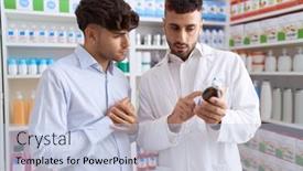 Presentation with medication - Presentation enhanced with two-hispanic-men-pharmacist-speaking background and a light blue colored foreground