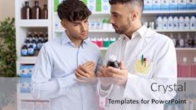  Presentation with medication - Slides consisting of two-hispanic-men-pharmacist-speaking background and a sky blue colored foreground