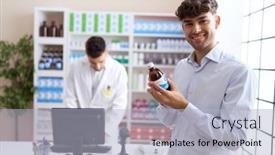  Presentation with medication - Slide set with two-hispanic-men-pharmacist background and a light blue colored foreground