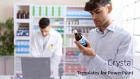  Presentation with medication - Slide deck featuring two-hispanic-men-pharmacist background and a light blue colored foreground