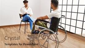  Presentation with rehab clinic - Presentation theme with two-hispanic-men-physiotherapist background and a coral colored foreground