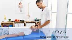  Presentation with rehab clinic - PPT theme having two-hispanic-men-physiotherapist background and a light blue colored foreground