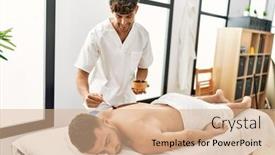  Presentation with lotion - Theme having two-hispanic-men-physiotherapist background and a coral colored foreground